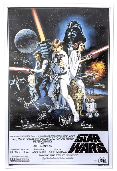 ''Star Wars'' Cast-Signed Movie Poster -- Signed by Mark Hamill, Carrie Fisher, Harrison Ford, and Darth Vader, C-3PO and Chewbacca's Characters